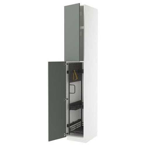 METOD high cabinet with cleaning interior, white/Nickebo matt grey-green, 40x60x240 cm