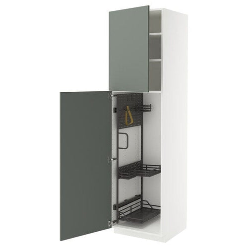METOD high cabinet with cleaning interior, white/Nickebo matt grey-green, 60x60x220 cm