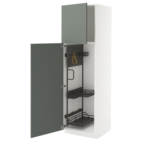 METOD high cabinet with cleaning interior, white/Nickebo matt grey-green, 60x60x200 cm