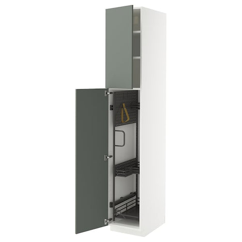 METOD high cabinet with cleaning interior, white/Nickebo matt grey-green, 40x60x220 cm