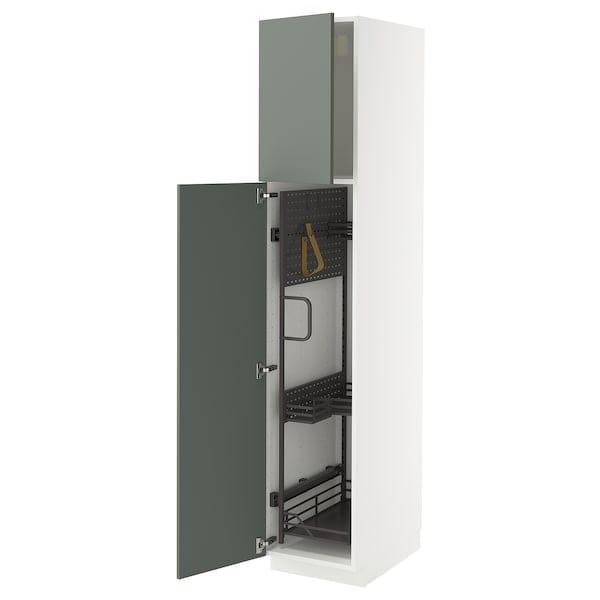 Ikea METOD - Tall cabinet with cleaning accessories, white/Nickebo grey-green matt,40x60x200 cm