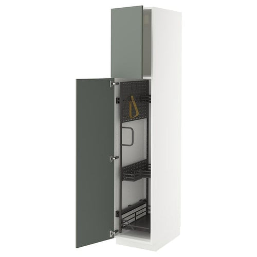 METOD high cabinet with cleaning interior, white/Nickebo matt grey-green, 40x60x200 cm