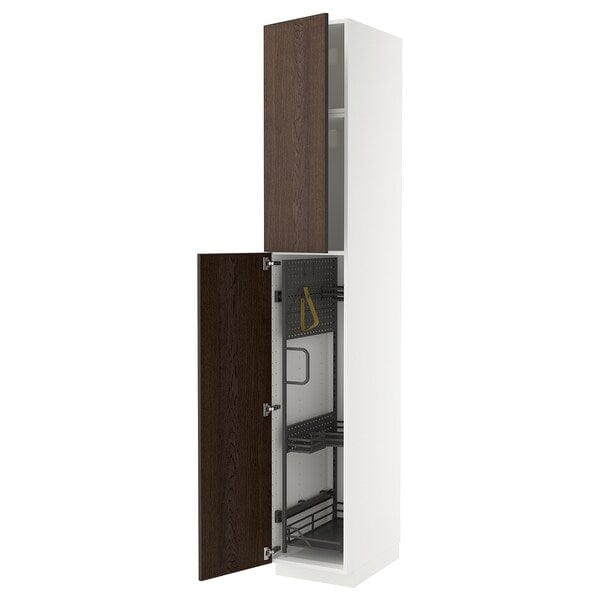 Ikea METOD - Tall cabinet with cleaning accessories, white/Sinarp brown,40x60x240 cm