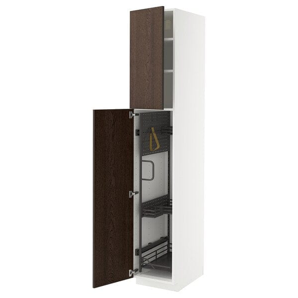 Ikea METOD - Tall cabinet with cleaning accessories, white/Sinarp brown,40x60x220 cm