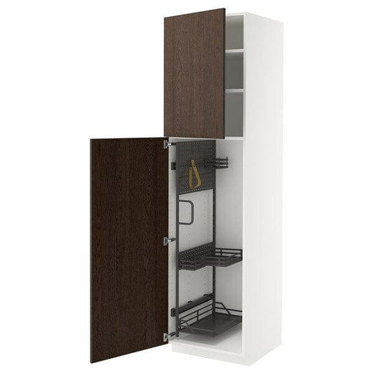 Ikea METOD - Tall cabinet with cleaning accessories, white/Sinarp brown,60x60x220 cm