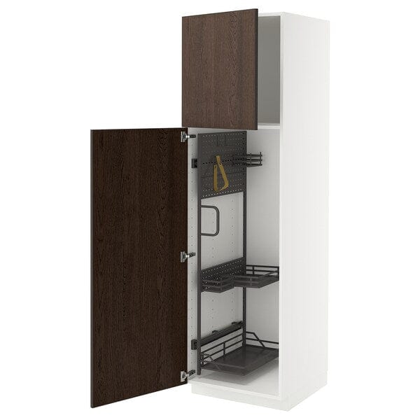 Ikea METOD - Tall cabinet with cleaning accessories, white/Sinarp brown,60x60x200 cm