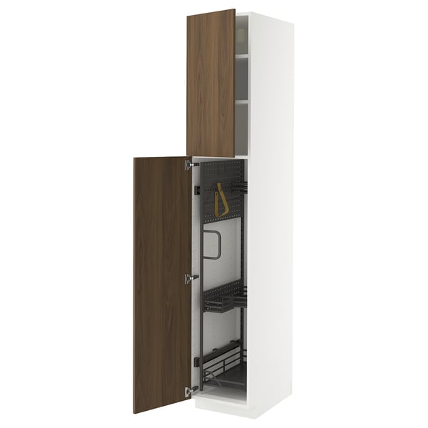 METOD high cabinet with cleaning interior, white/Tistorp brown walnut effect, 40x60x220 cm