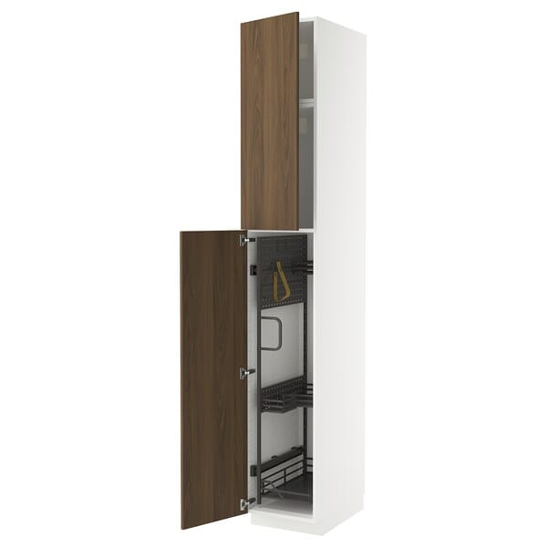 Ikea METOD - Tall cabinet with cleaning accessories, white/tistorp brown walnut effect,40x60x240 cm