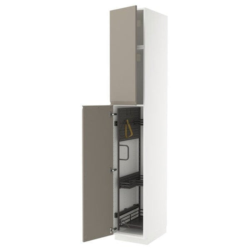 METOD - Tall cabinet with cleaning accessories, white/Upplöv dark beige matt,40x60x240 cm