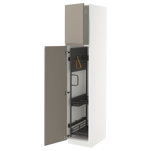 METOD - METOD High cabinet with cleaning interior, white/Upplöv matt dark beige, 40x60x200 cm