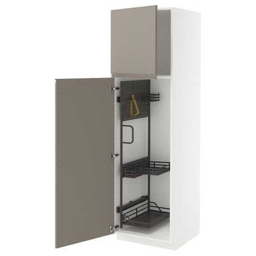METOD high cabinet with cleaning interior, white/Upplöv matt dark beige, 60x60x200 cm