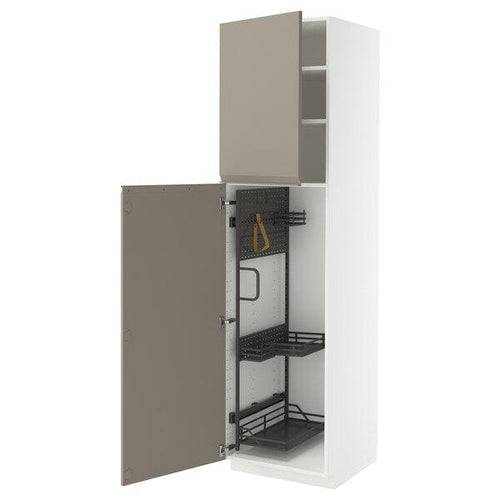 METOD high cabinet with cleaning interior, white/Upplöv matt dark beige, 60x60x220 cm