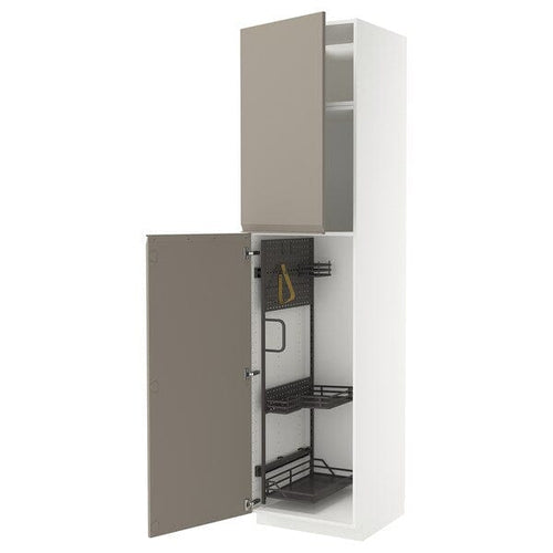METOD high cabinet with cleaning interior, white/Upplöv matt dark beige, 60x60x240 cm