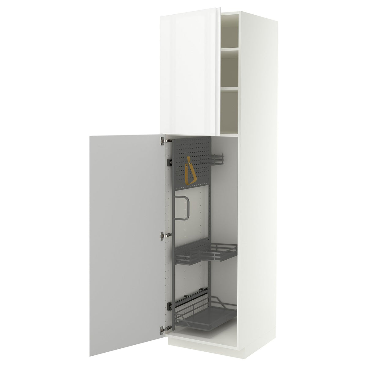METOD high cabinet with cleaning interior, white/VOXTORP high-gloss white vertical handle, 60x60x220 cm