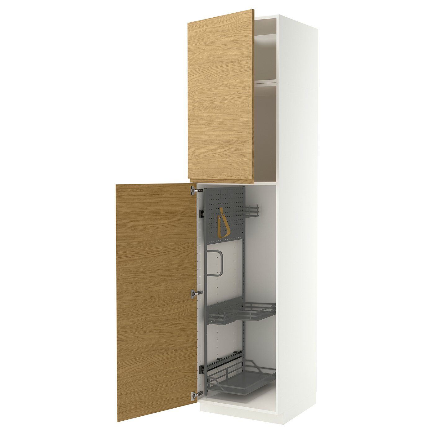 METOD high cabinet with cleaning interior, white/VOXTORP oak effect vertical handle, 60x60x240 cm