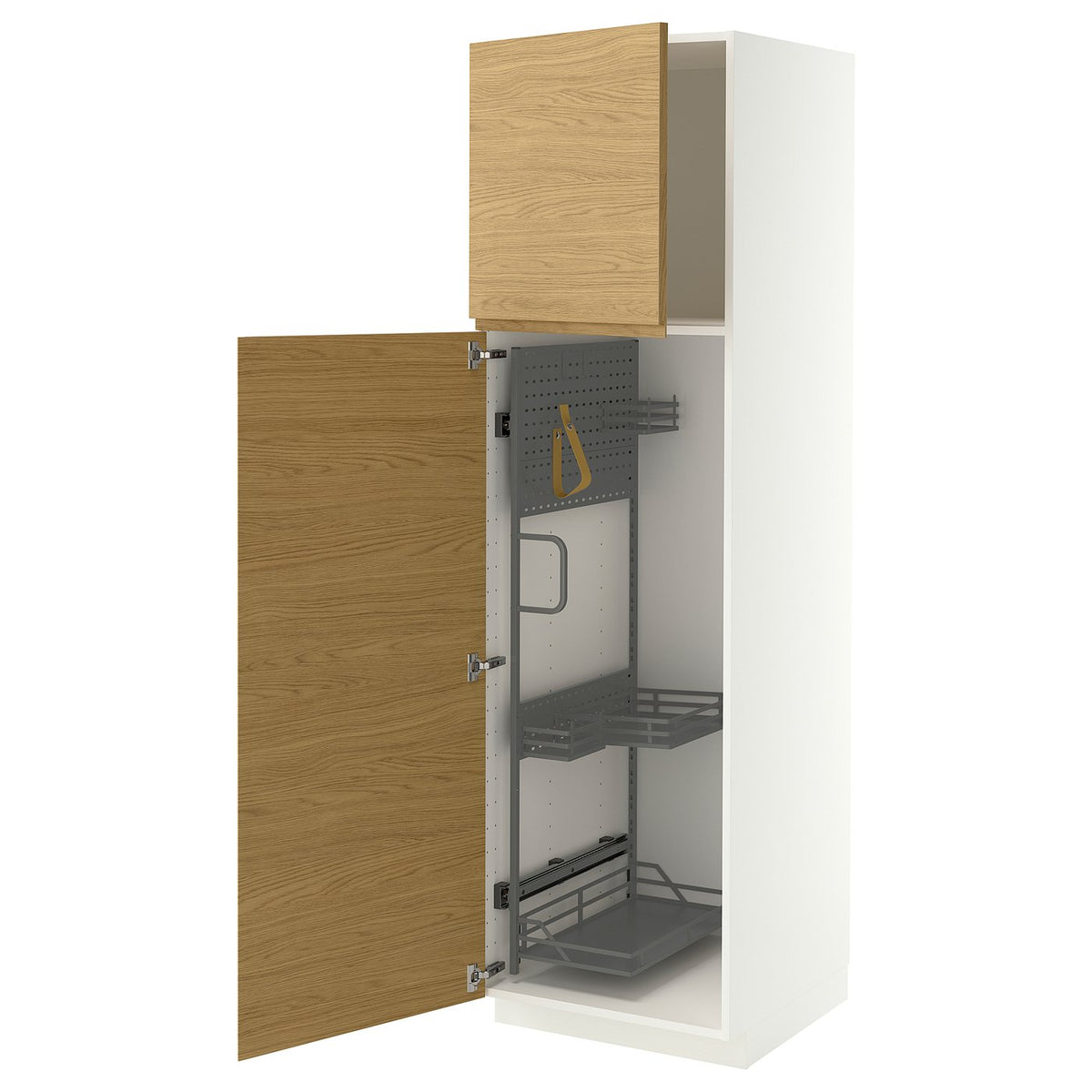METOD high cabinet with cleaning interior, white/VOXTORP oak effect vertical handle, 60x60x200 cm