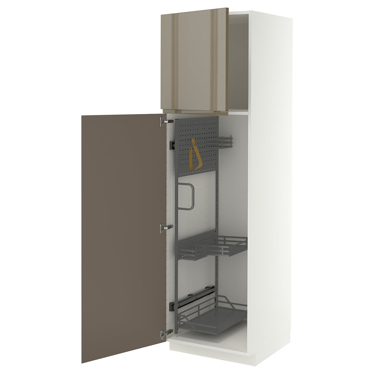 METOD high cabinet with cleaning interior, white/VOXTORP high-gloss dark grey-brown vertical, 60x60x200 cm