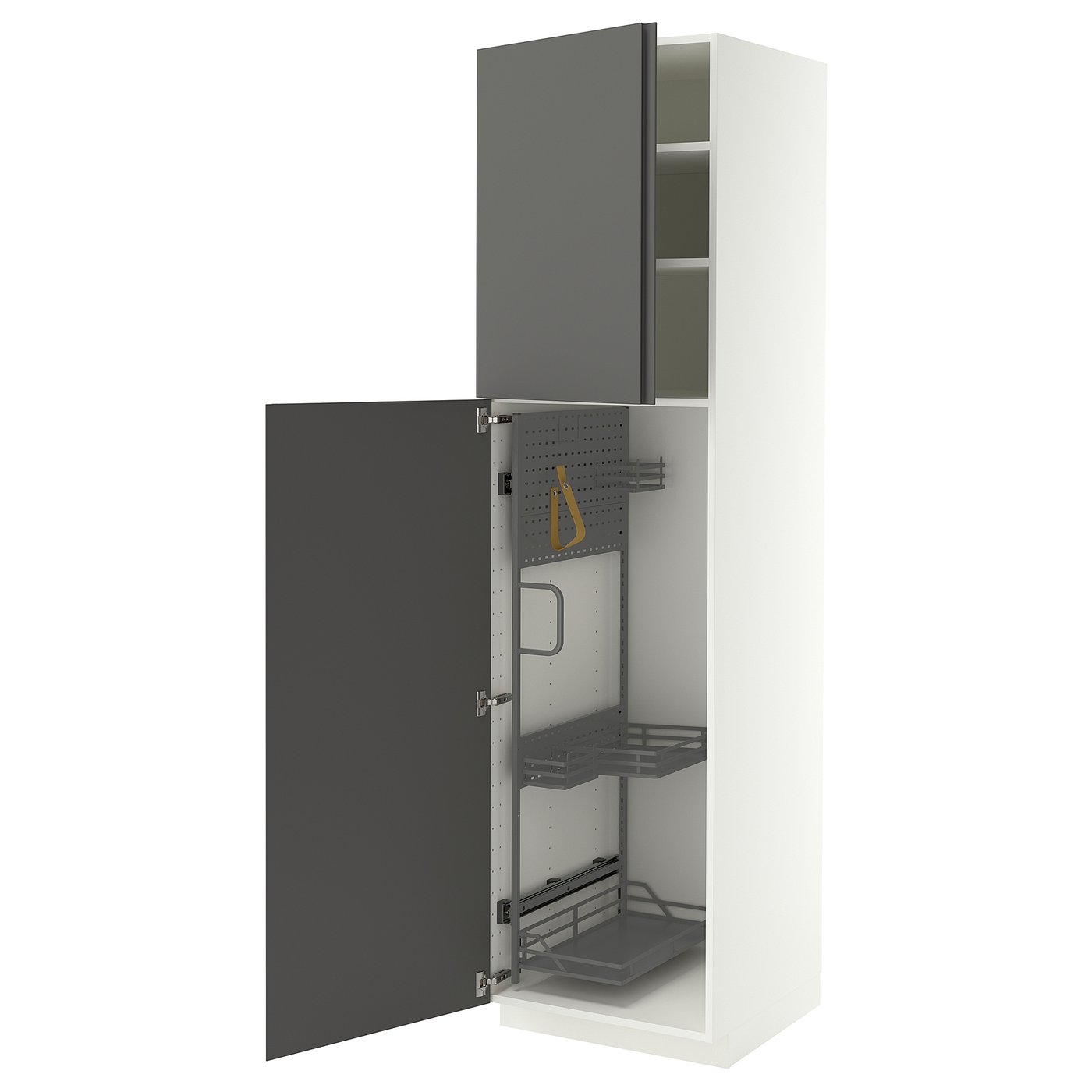 METOD high cabinet with cleaning interior, white/VOXTORP dark grey vertical handle, 60x60x220 cm