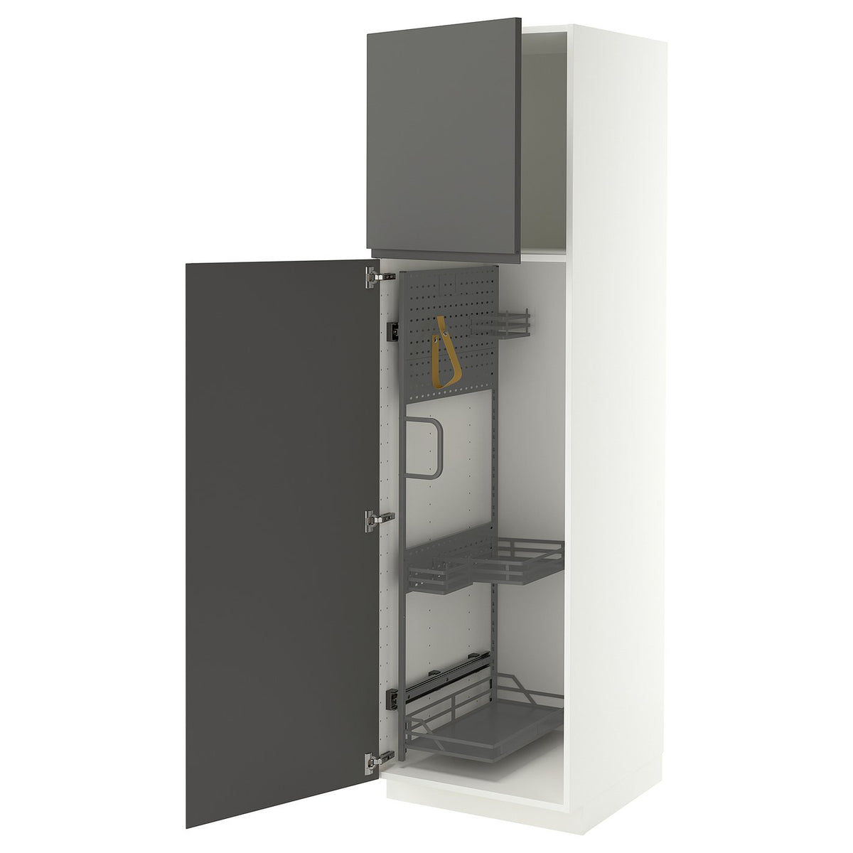 METOD high cabinet with cleaning interior, white/VOXTORP dark grey vertical handle, 60x60x200 cm