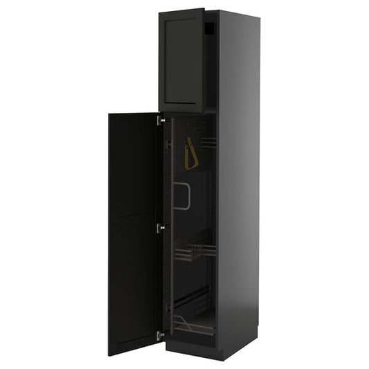 METOD - METOD High cabinet with cleaning interior, black-grey/Lerhyttan black stained, 40x60x200 cm