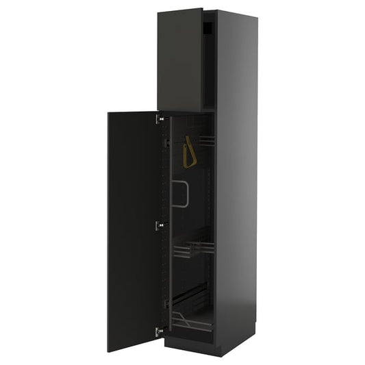 METOD - METOD High cabinet with cleaning interior, black-grey/Nickebo matt anthracite, 40x60x200 cm