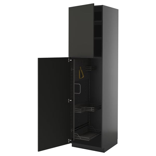 METOD - METOD High cabinet with cleaning interior, black-grey/Nickebo matt anthracite, 60x60x220 cm
