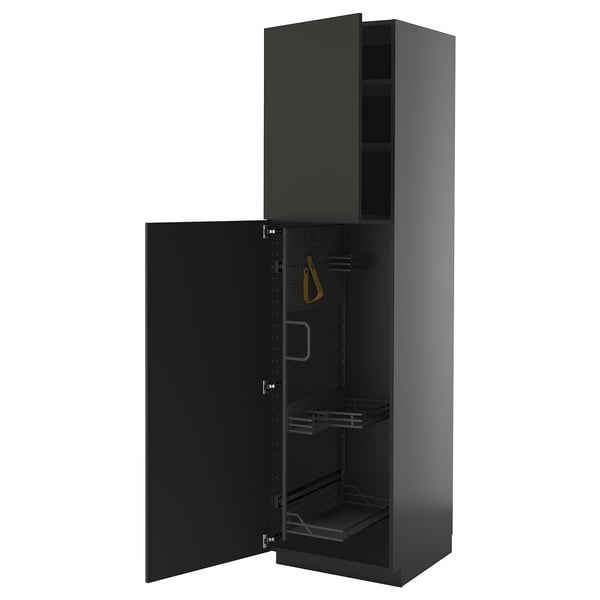 METOD - METOD High cabinet with cleaning interior, black-grey/Nickebo matt anthracite, 60x60x220 cm