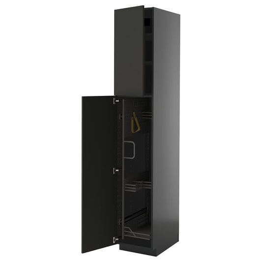 METOD - METOD High cabinet with cleaning interior, black-grey/Nickebo matt anthracite, 40x60x220 cm