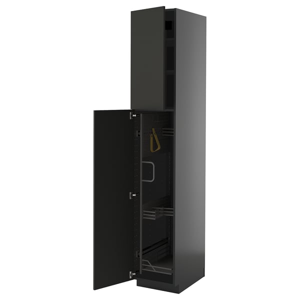 METOD high cabinet with cleaning interior, black-grey/Nickebo matt anthracite, 40x60x220 cm