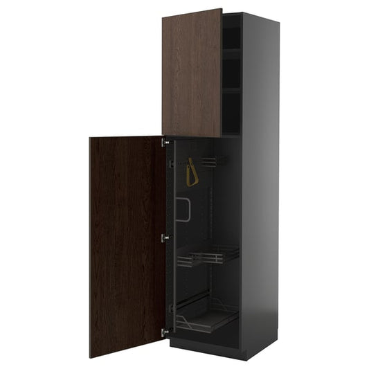 METOD - METOD High cabinet with cleaning interior, black-grey/Sinarp brown, 60x60x220 cm