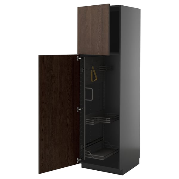 METOD - METOD High cabinet with cleaning interior, black-grey/Sinarp brown, 60x60x200 cm