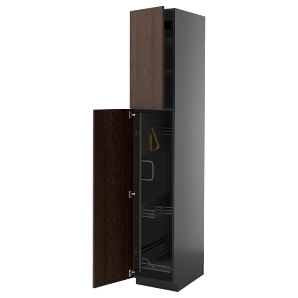 METOD - METOD High cabinet with cleaning interior, black-grey/Sinarp brown, 40x60x220 cm