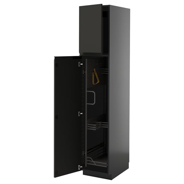 METOD high cabinet with cleaning interior, black-grey/Upplöv matt anthracite, 40x60x200 cm