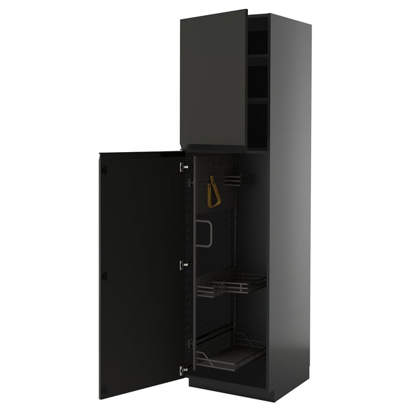 METOD high cabinet with cleaning interior, black-grey/Upplöv matt anthracite, 60x60x220 cm