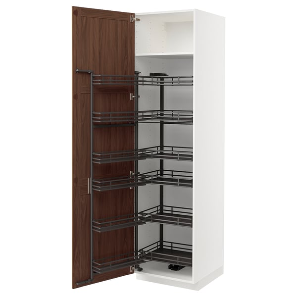 METOD - METOD High cabinet with pull-out larder, white Enköping/brown walnut effect, 60x60x220 cm