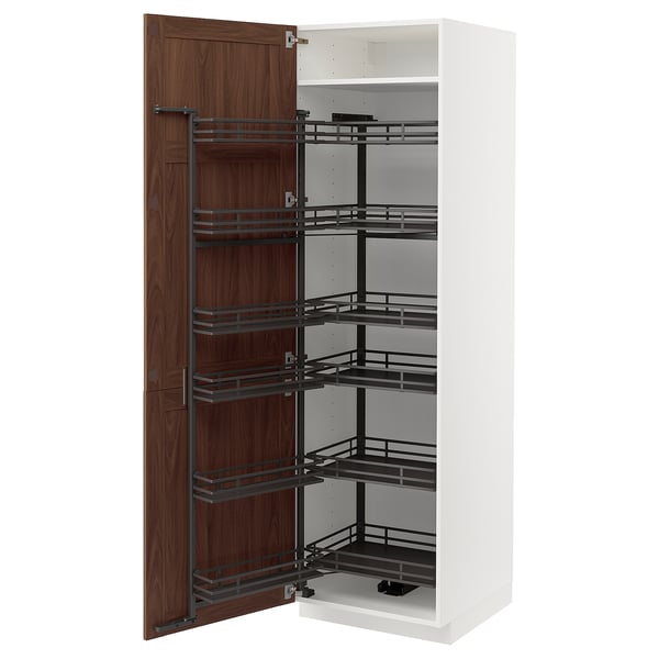 METOD - METOD High cabinet with pull-out larder, white Enköping/brown walnut effect, 60x60x200 cm