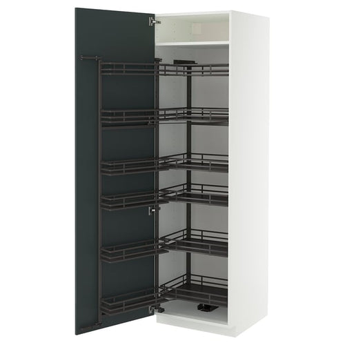 METOD - METOD High cabinet with pull-out larder, white/Kallarp high-gloss dark grey-green, 60x60x200 cm