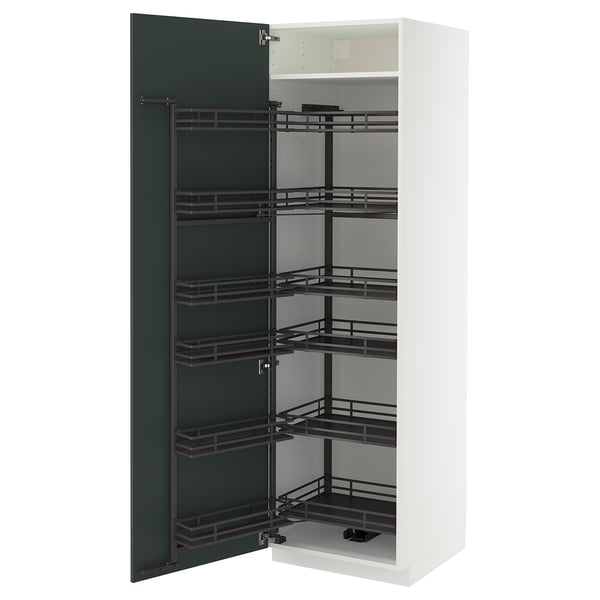 METOD high cabinet with pull-out larder, white/Kallarp high-gloss dark grey-green, 60x60x200 cm