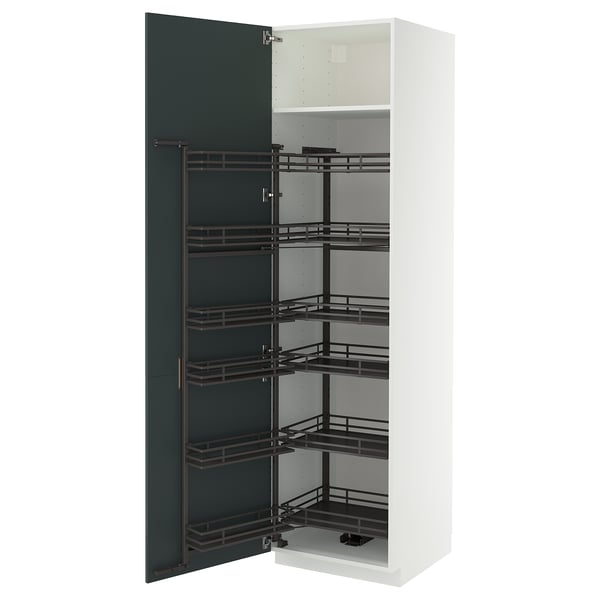 METOD high cabinet with pull-out larder, white/Kallarp high-gloss dark grey-green, 60x60x220 cm
