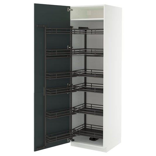 METOD - METOD High cabinet with pull-out larder, white/Kallarp high-gloss dark grey-green, 60x60x200 cm