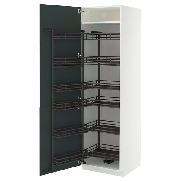 METOD high cabinet with pull-out larder, white/Kallarp high-gloss dark grey-green, 60x60x200 cm
