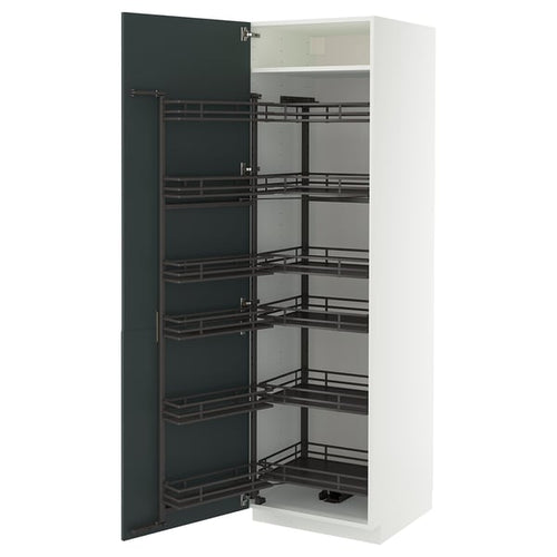 METOD - METOD High cabinet with pull-out larder, white/Kallarp high-gloss dark grey-green, 60x60x200 cm
