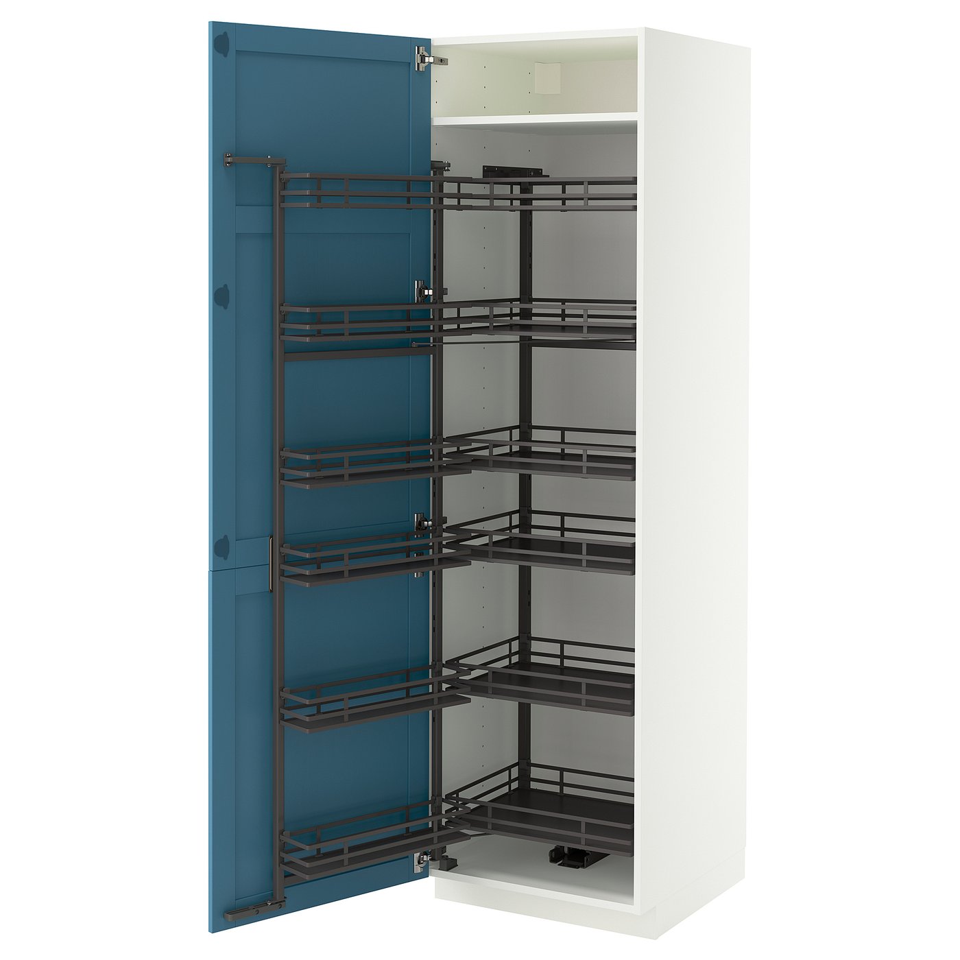 METOD high cabinet with pull-out larder, white/Lerhyttan blue, 60x60x200 cm