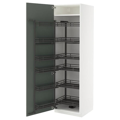 METOD - METOD High cabinet with pull-out larder, white/Nickebo matt grey-green, 60x60x200 cm