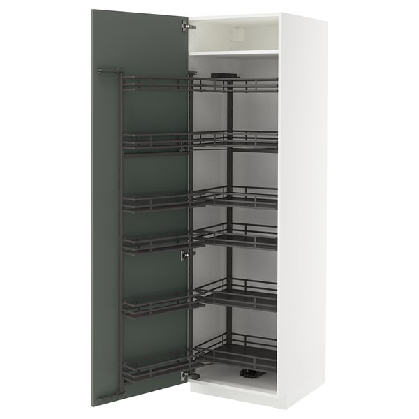 METOD high cabinet with pull-out larder, white/Nickebo matt grey-green, 60x60x200 cm