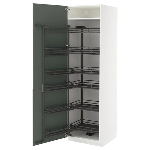 METOD - METOD High cabinet with pull-out larder, white/Nickebo matt grey-green, 60x60x200 cm