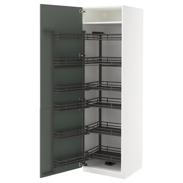 METOD high cabinet with pull-out larder, white/Nickebo matt grey-green, 60x60x200 cm