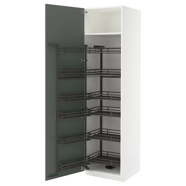 METOD high cabinet with pull-out larder, white/Nickebo matt grey-green, 60x60x220 cm