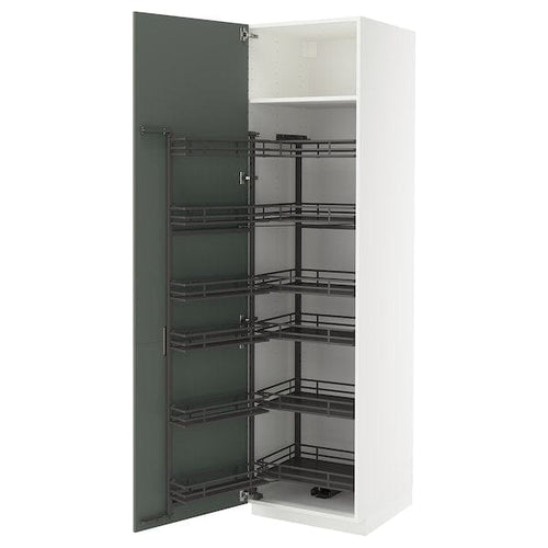 METOD - METOD High cabinet with pull-out larder, white/Nickebo matt grey-green, 60x60x220 cm