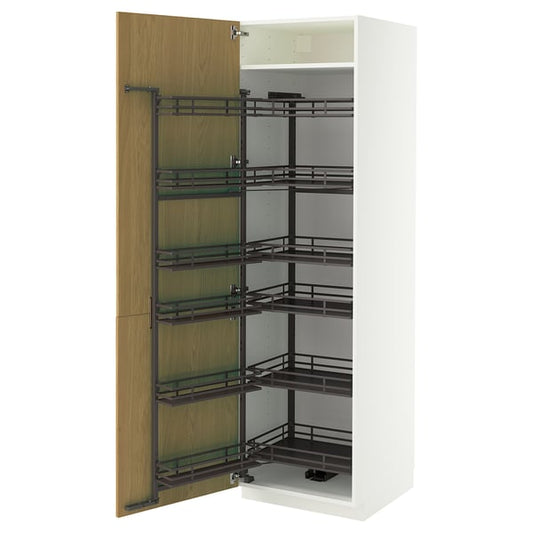 METOD high cabinet with pull-out larder, white/Sinarp oak veneer, 60.0x200.0x60.0 cm